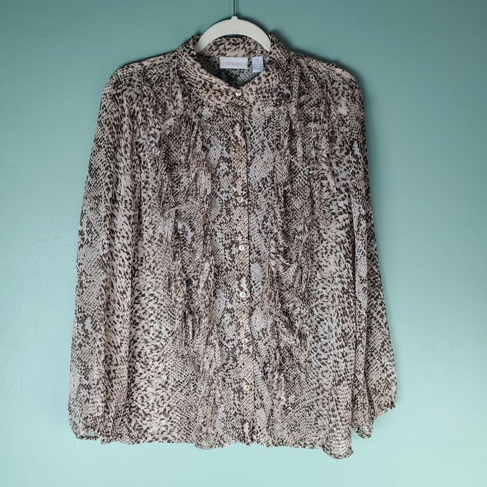Chicos Womens Sheer Snake Animal Print Fringe Button Up Blouse Size 1 Medium